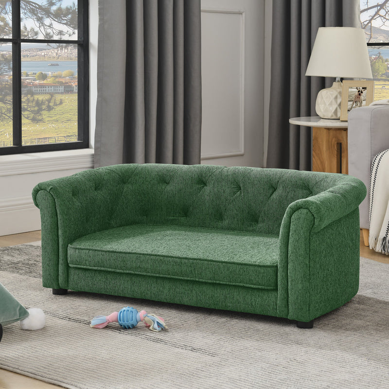 Contemporary Pet Sofa with Arc-Shaped Backrest and Armrests, Breathable Linen, Soft Cushion, Green, 38'x22'x15'