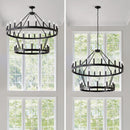 2 Tiers Wagon Wheel Chandelier Wooden Farmhouse 36 Light (24 / 12) Or (12 / 24) Metal Chandeliers 2 Story Light Fixtures Industrial For High Ceiling Living Dining Room Foyer, Adjustable Height - Black by HouseOfZazla