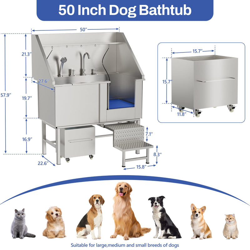Stainless Steel Dog Washing Station with Seamless Design and Accessories, Silver, 50 Inch