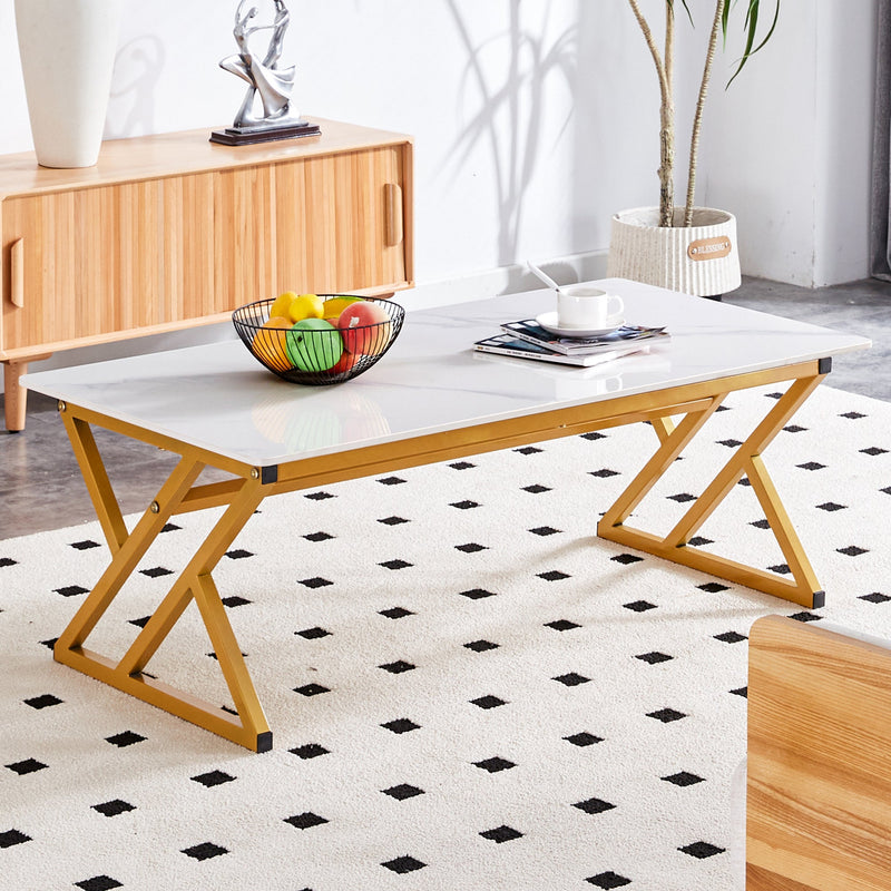 A modern minimalist style white marble patterned coffee table with golden metal legs. Computer desk. Game table. Tea table. CT-XX