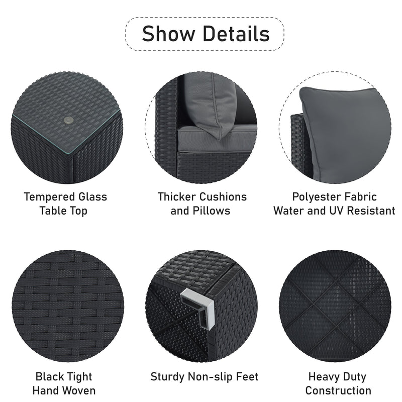 8-Pieces Outdoor Patio Furniture Sets, Garden Conversation Wicker Sofa Set, Single Sofa Combinable, Gray Cushions Black Wicker