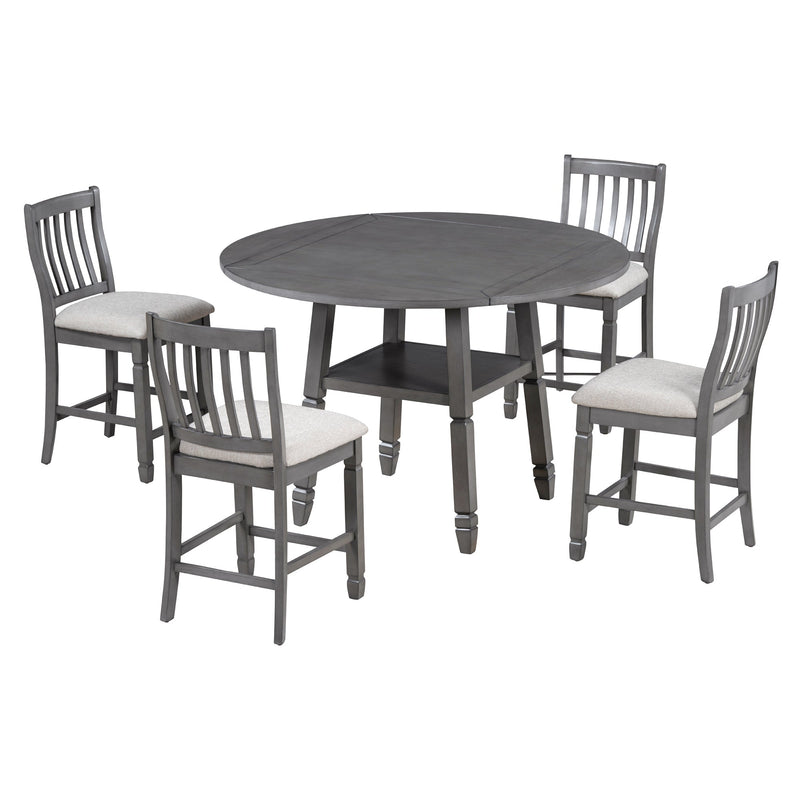 5-Piece Counter Height Dining Table Set in 2 Table Sizes with 4 Folding Leaves and 4 Upholstered Chairs for Dining Room (Gray+Beige Cushion)