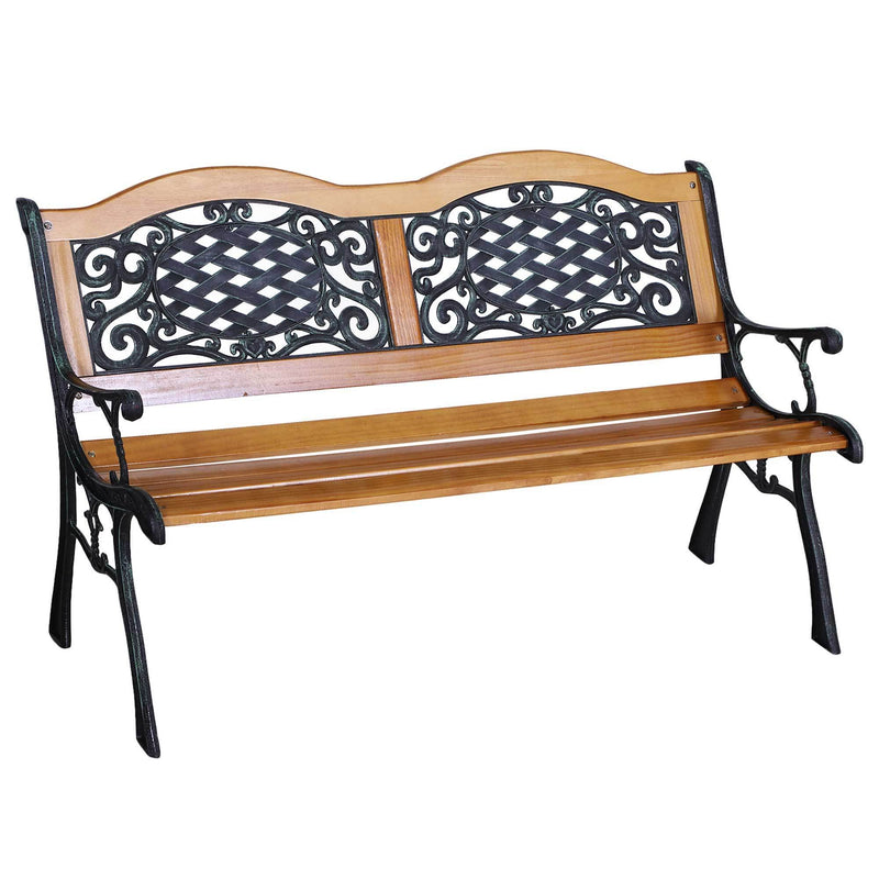 50" Outdoor Garden Bench, Patio Bench with Wood Seat, Porch Bench with Antique-Like Flourishes for Backyard, Deck, Lawn, Outside Pool, Teak