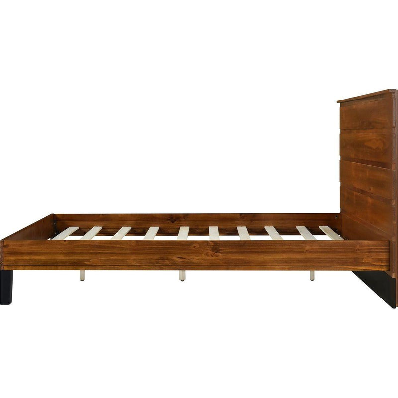 Mid-Century Modern Solid Wood Bed Frame Queen Size Platform Bed with Six-Piece Headboard Design, No Box Spring Needed, Brown