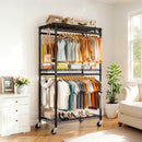 Heavy Duty Rolling Clothes Rack with 3 Tier Shelves, 2 Rails & Side Hooks, Adjustable Freestanding Organizer, Black Metal