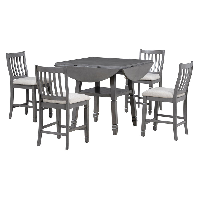 5-Piece Counter Height Dining Table Set in 2 Table Sizes with 4 Folding Leaves and 4 Upholstered Chairs for Dining Room (Gray+Beige Cushion)