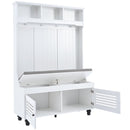 5-in-1 Entryway Bench with Shutter-shaped doors, Coat Rack, Cushion and 4 Sturdy Hooks, 47.2" Wide Hall Tree with Storage Bench for Hallway, Entryway, Living Room