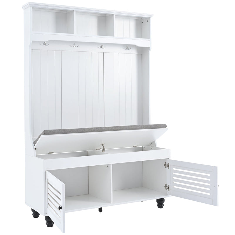 5-in-1 Entryway Bench with Shutter-shaped doors, Coat Rack, Cushion and 4 Sturdy Hooks, 47.2" Wide Hall Tree with Storage Bench for Hallway, Entryway, Living Room