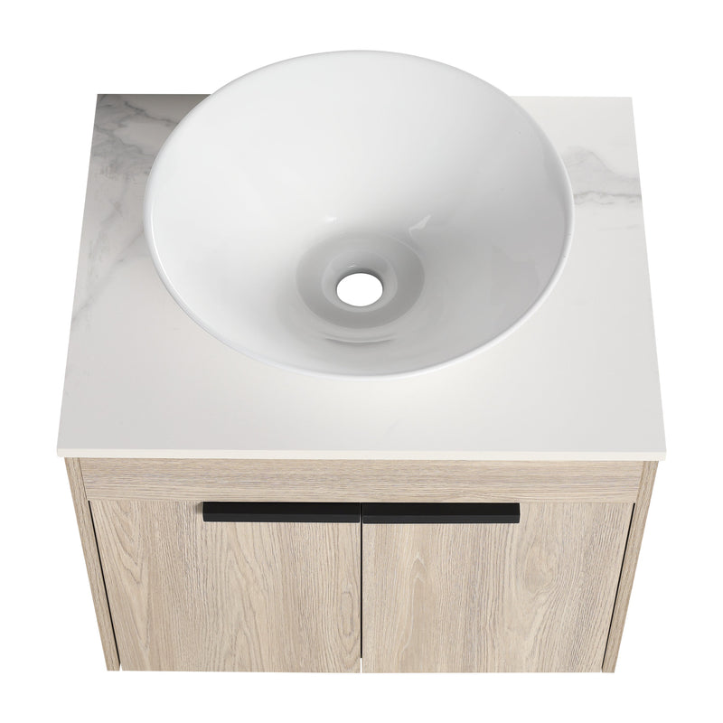 24" Modern Design Float Bathroom Vanity With Ceramic Basin Set, Wall Mounted White Oak Vanity With Soft Close Door, KD-PackingD-Packing Pieces