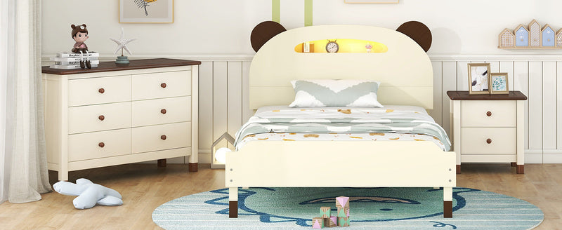 3-Pieces Bedroom Sets Twin Size Bear-Shape Platform Bed with Nightstand and Storage dresser,Cream+Walnut