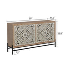 4 Door Wood Cabinet, Vintage Carved Wood with Metal Base