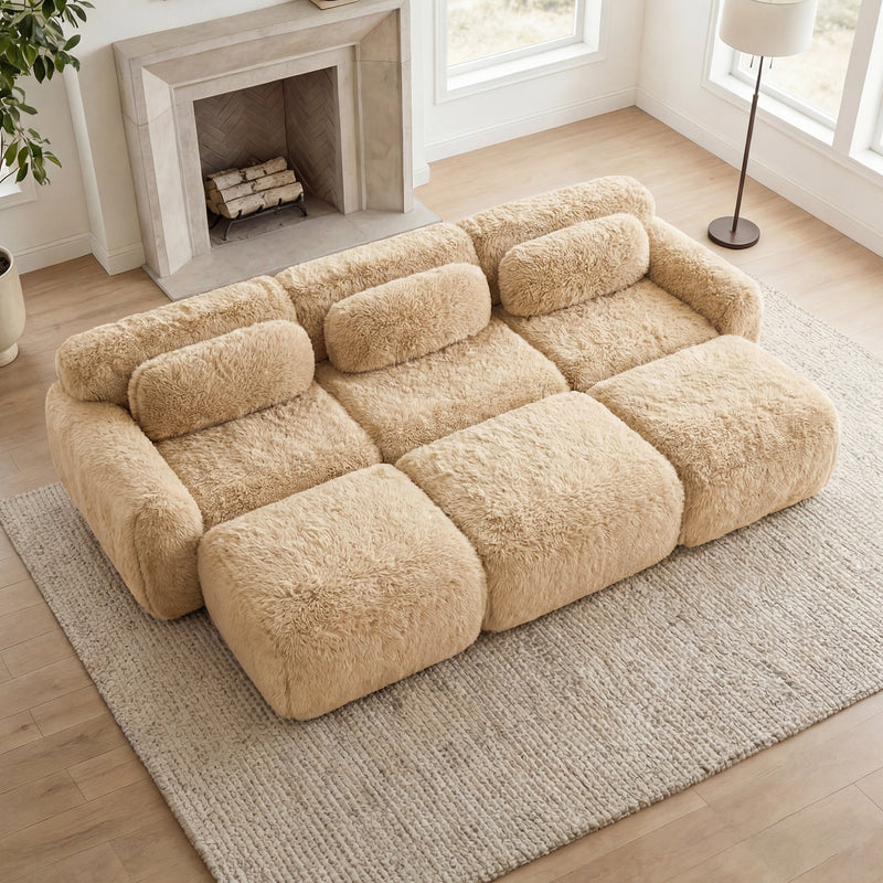 3-Seater Soft Plush Fabric Sofa With Movable Ottoman, photo 2 of 10