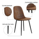 A modern and practical circular dining table. Made of MDF tabletop and wooden MDF table legs. A set of 4 brown cushioned chairs.