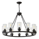 12-Light Black Wagon Wheel Chandelier, 31.5" Modern Farmhouse Glass Pendant