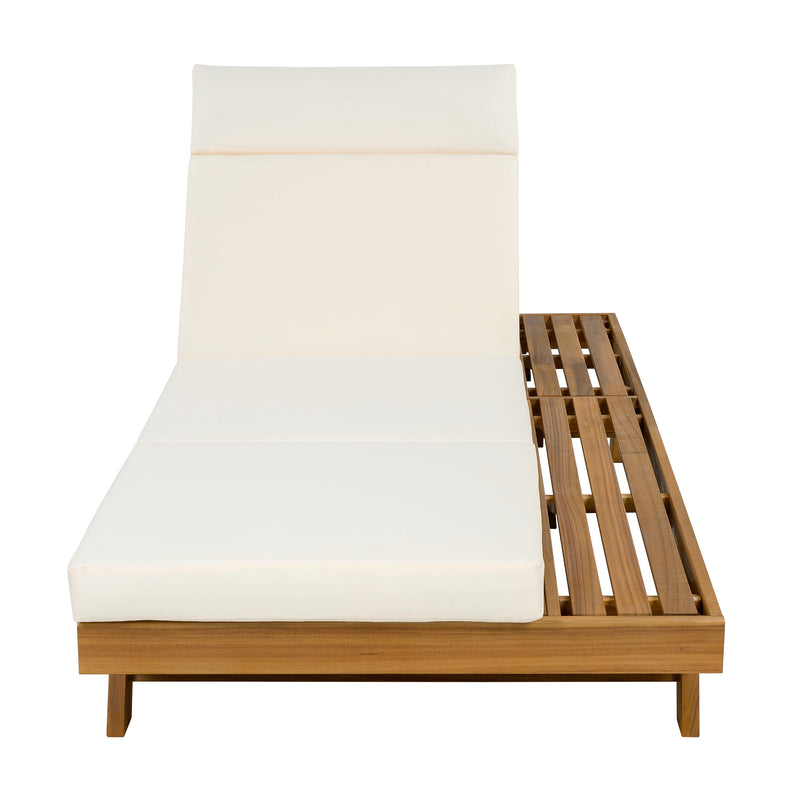 Acacia Wood Lounge Chaise Set with Headrest and Water-Resistant Cushions in Beige