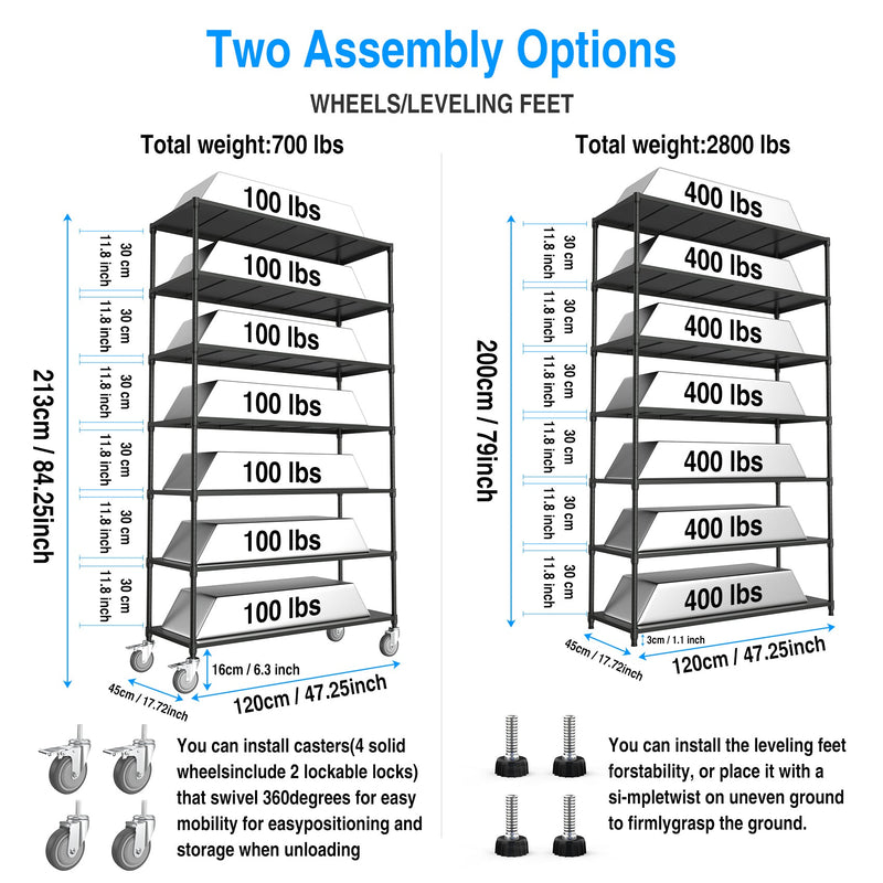 7 Tier Standing Shelf Units, 2800 LBS NSF Height Adjustable Metal Garage Storage Shelves with Wheels, Heavy Duty Storage Rack Metal Shelves - Black - 7T-2800LBS-BLACK
