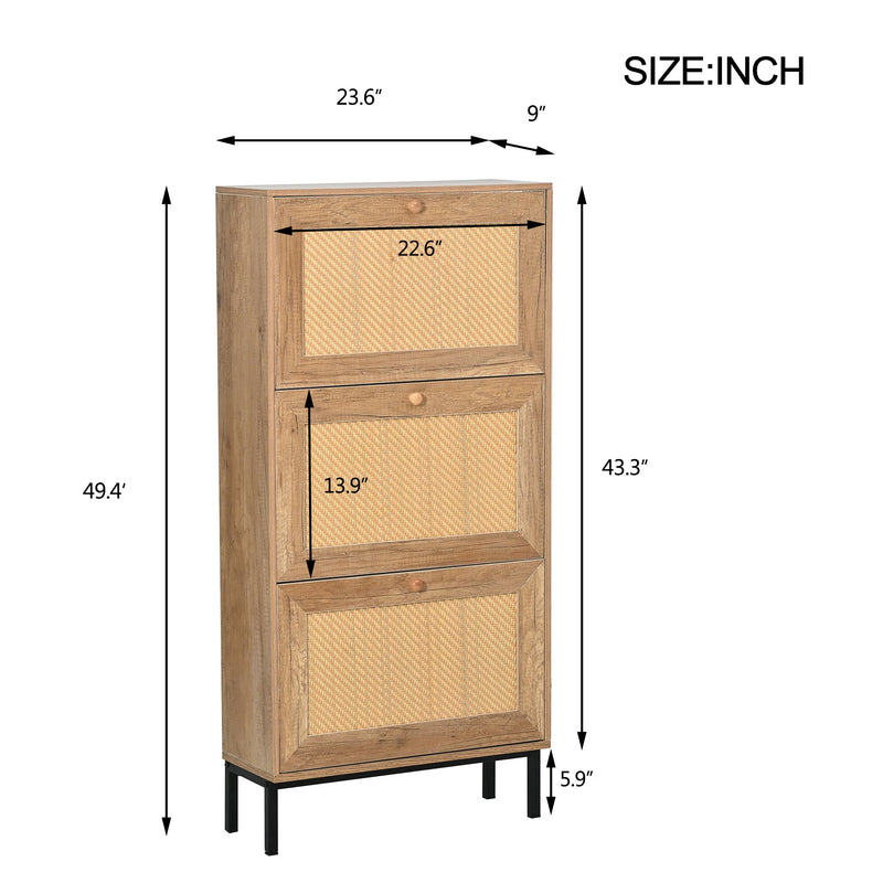 3 Flip Drawer Shoe Cabinet Rattan Shoe Cabinet Organizer Freestanding Shoe Rack Storage Cabinet with Metal Legs for Entryway Hallway Bedroom Mudroom