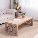 Rustic Carved Wood Coffee Table, Handcrafted Look With Ornate Side Panels by HouseOfZazla