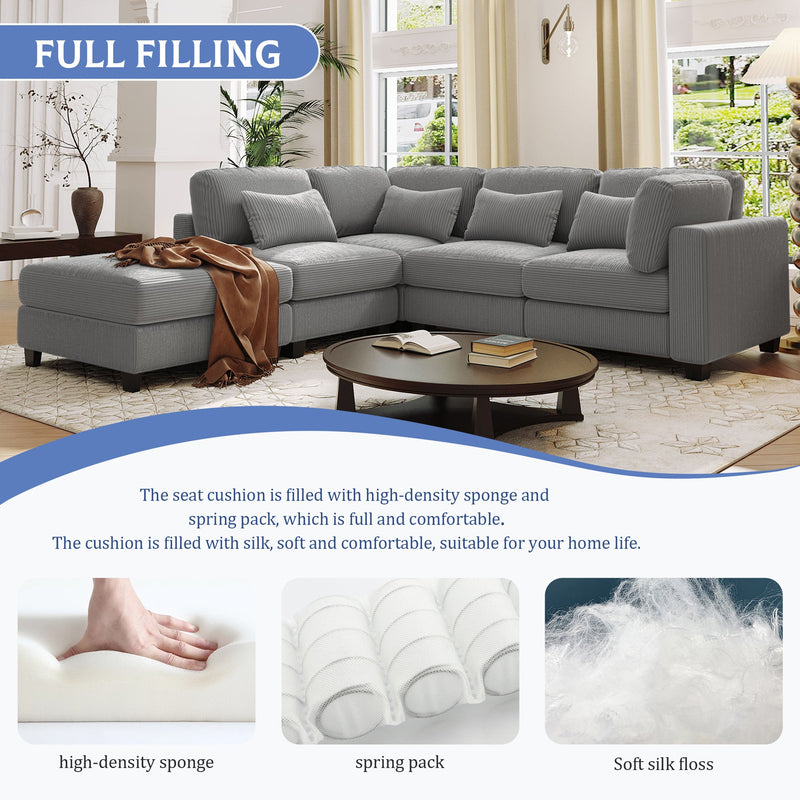 5 Pieces L shaped Sofa with Removable Ottomans and comfortable waist pillows