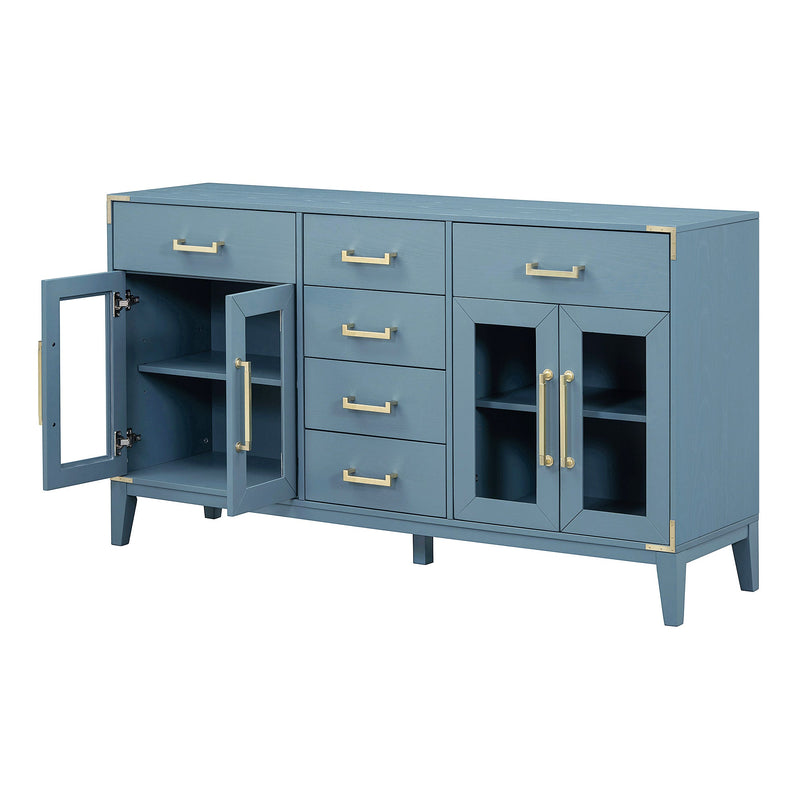 6-drawer and 2-Cabinet Retro Sideboard with Extra Large Storage Space, with Gold Handles and Solid Wood Legs, for Kitchen and Living Room (Antique Blue)