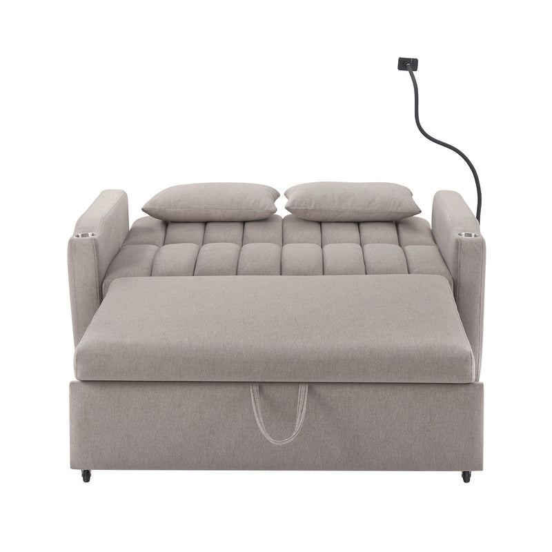 55.9" Convertible Sofa Bed Loveseat Sofa with Three USB Ports, Two Side Pockets, Two Cup Holders and 360Swivel Phone Holder for Living Room, Light Grey