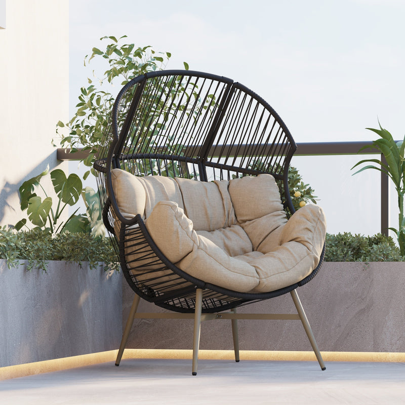 Cori Outdoor Patio Black Faux Wicker Egg Chair with Khaki Cushion, Weather-Resistant, Handwoven PE Rattan and Iron Frame