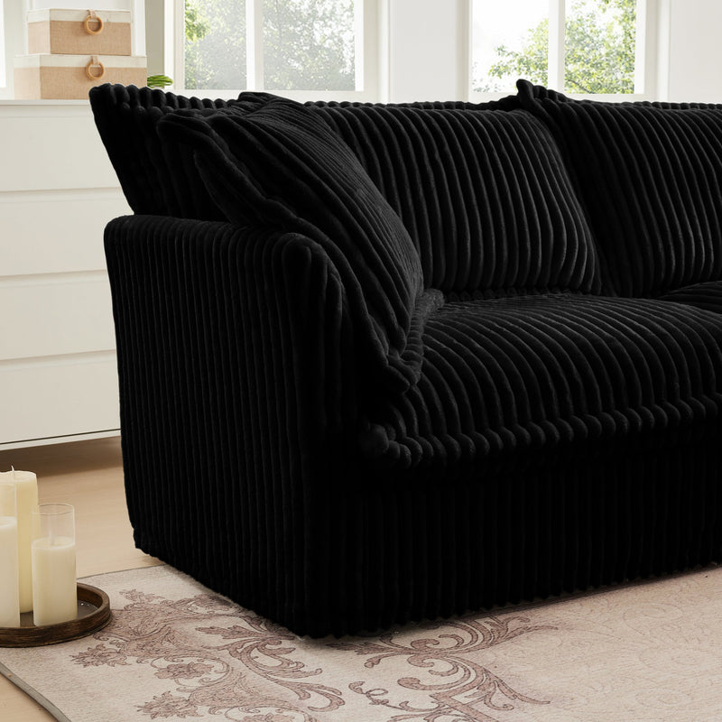 L-Shaped Slipcovered Sectional Sofa Couch, Comfy Deep Seat Cloud Couch with Convertible Ottoman & 2 Big Pillows, Modern Oversized 3 Seater Slipcovered Sofa Set for Living Room Office, Black Corduroy