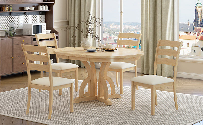 5-Piece Farmhouse Round Pedestal Extending Dining Table Set Extendable Kitchen Table Set with 15.8" Removable Leaf and Ladder Back Dining Chairs for Small Places, Natural