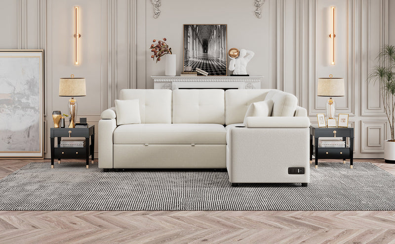 87.4" L-shape Sofa Bed Pull-out Sleeper Sofa with Wheels, USB Ports, Power Sockets for Living Room, Beige