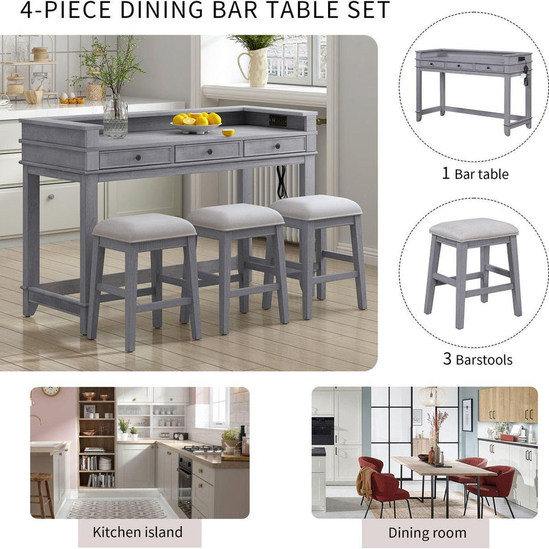 TREXM 4-Piece Dining Table Set for 3, Retro Kitchen Table and Chairs Set with 3 Storage Drawers, Ideal for Small Spaces (Gray)