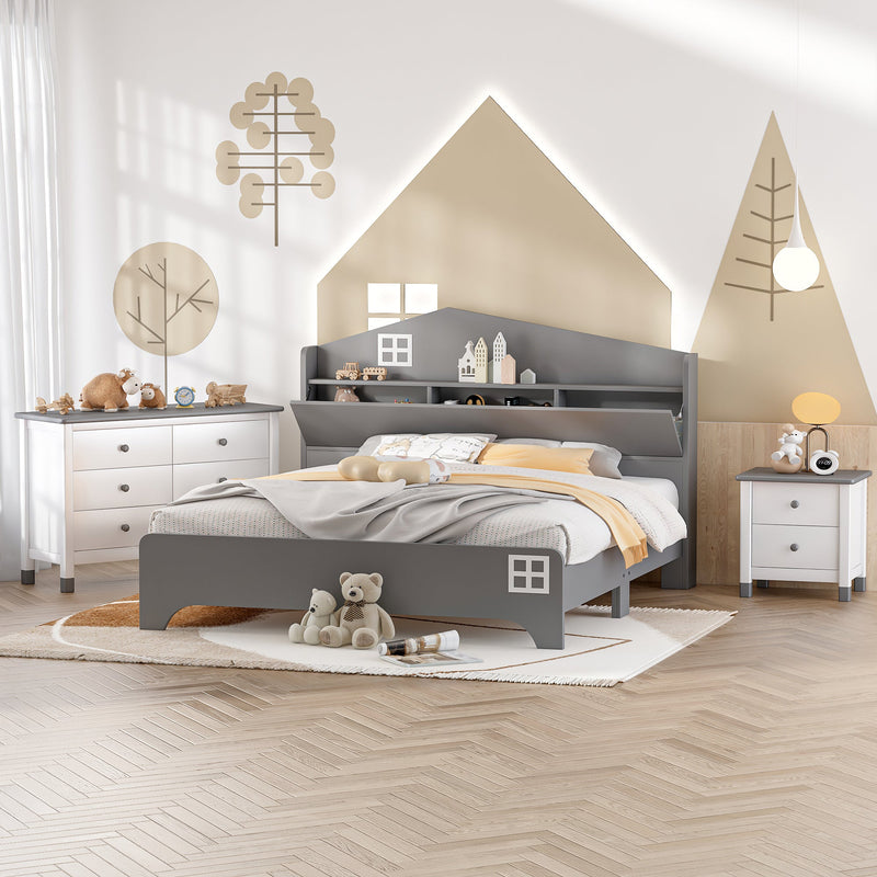 3-Pieces Bedroom Sets Full Size House Bed with Storage Headboard, Wooden Nightstand and Storage Dresser,Gray