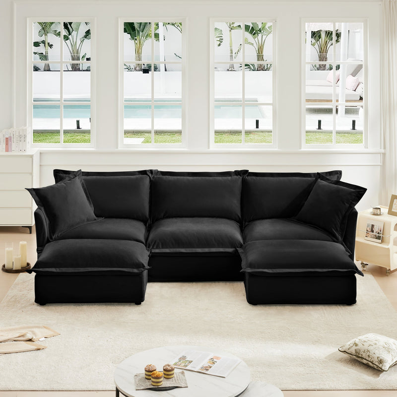 Slipcovered U Shape Sectional Deep Seat Sofa Couch, 3 Seater Sofa with French Edges Design Multiple Big Pillows, Modular Deep Seat Sectional Sofa Comfy Cloud Couch for Living Room, Apartment,Chenille
