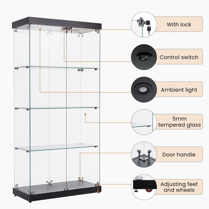 4-Tier Glass Display Cabinet, Double Door Glass Cabinet, Four Partitions, Two Locks, Floor Standing Storage Cabinet for Living Room, Bedroom, Showroom and Office, Black, 31.5"L x 14.2"W x 66.3"H