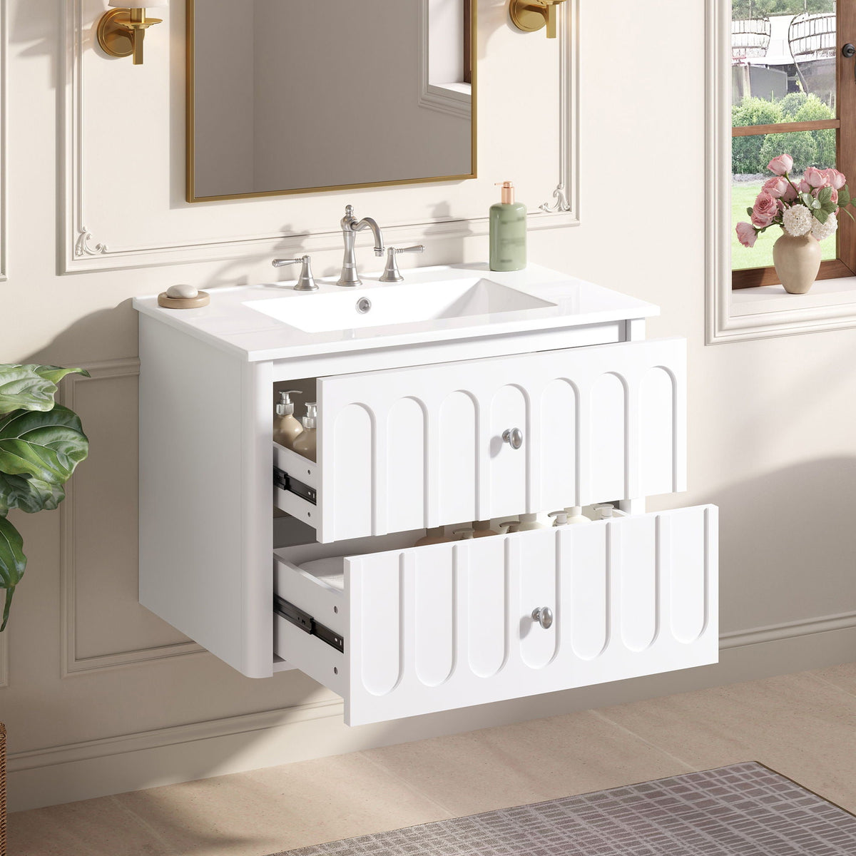 Floating Bathroom Vanity With Oval Knobs & Round Edge, Soft Close Drawer Slides, photo 14 of 14