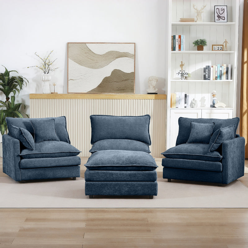 Modern Modular Sectional Sofa 105-Inch L-Shaped Couch Set with Movable Ottoman in Blue Chenille