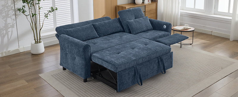 2-in-1 Sofa 82' Three-seater Sofa with Sofa Bed and Reversible Recliner, Blue Chenille