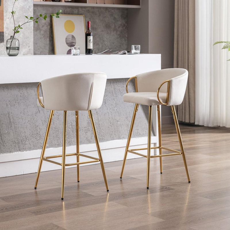 26 Inch Set of 2 Bar Stools,with Chrome Footrest and Base Velvet + Golden Leg Simple Bar Stoo,CREAM