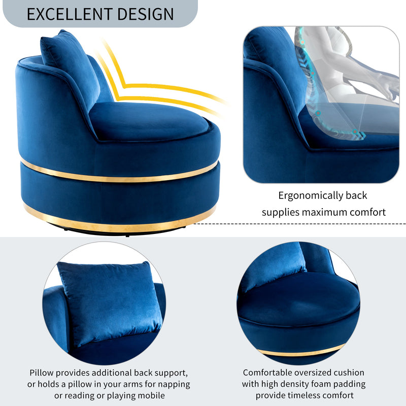 360 Degree Swivel Accent Chair Velvet Modern Upholstered Barrel Chair Over-Sized Soft Chair with Seat Cushion for Living Room, Bedroom, Office, Apartment, Blue