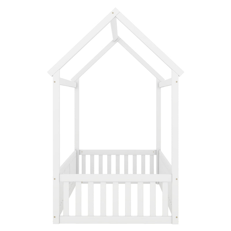 Walker Edison | Twin Size Wood House Bed with Fence and Door, White