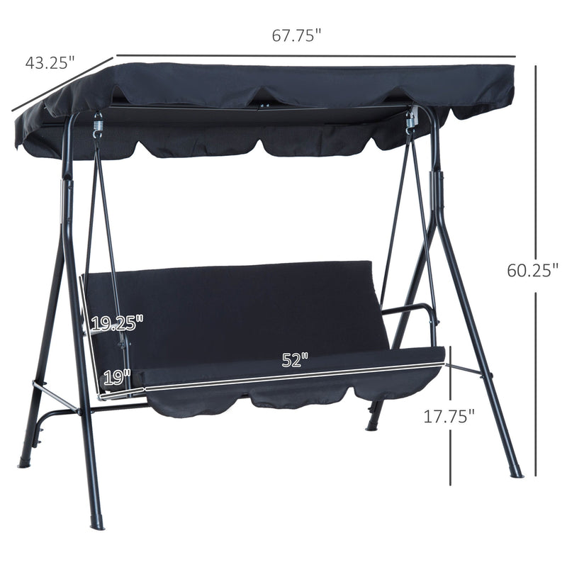 3-Seat Outdoor Patio Swing Chair with Removable Cushion, Steel Frame Stand and Adjustable Tilt Canopy for Patio, Garden, Poolside, Balcony, Backyard, Black