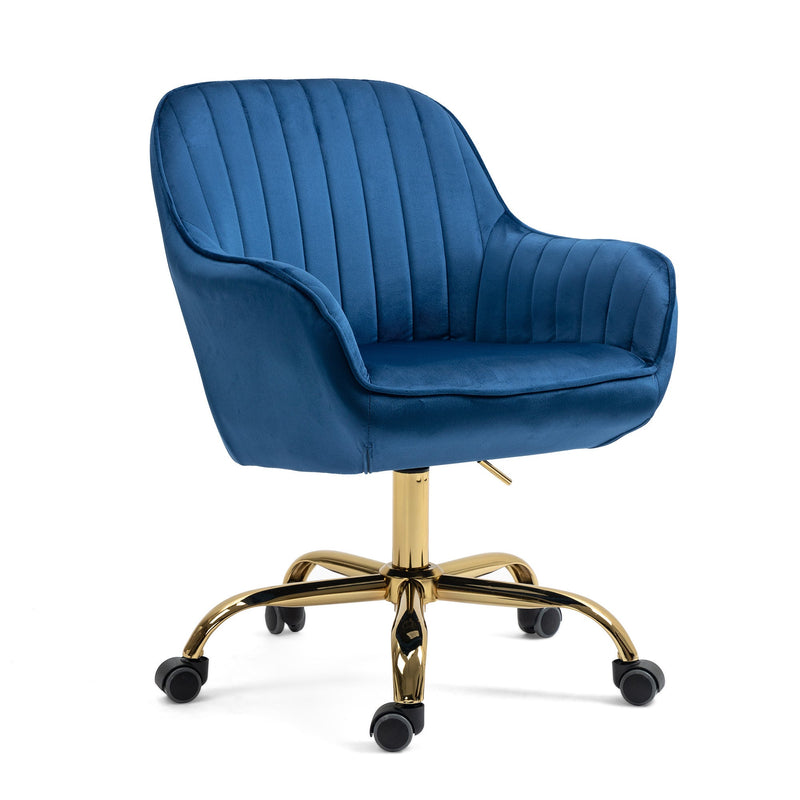 360 Dark Blue Velvet Swivel Chair With High Back, Adjustable Working Chair With Golden Color Base