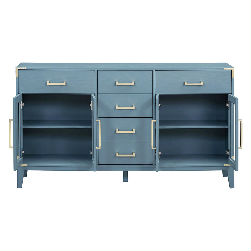 6-drawer and 2-Cabinet Retro Sideboard with Extra Large Storage Space, with Gold Handles and Solid Wood Legs, for Kitchen and Living Room (Antique Blue)