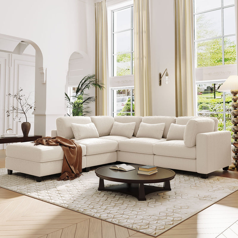 5 Pieces L shaped Sofa with Removable Ottomans and comfortable waist pillows