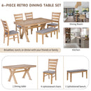 6-Piece Retro 59"L Rectangular Dining Table Set, Table with Unique Legs and 4 Upholstered Chairs & 1 Bench for Dining Room and Kitchen (Natural Wood Wash)