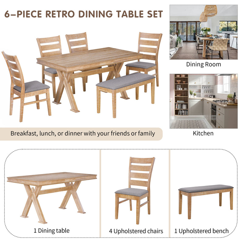 6-Piece Retro 59"L Rectangular Dining Table Set, Table with Unique Legs and 4 Upholstered Chairs & 1 Bench for Dining Room and Kitchen (Natural Wood Wash)
