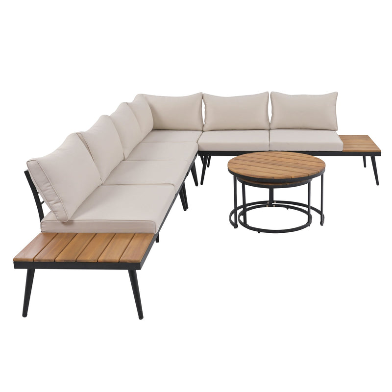 6-Piece Outdoor Sectional Sofa Set with Round Nesting Coffee Tables and Seating Sofa with Cushions for Patio, Porch and Garden (Beige)