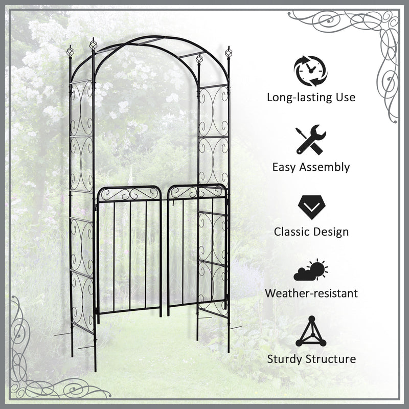 84" Garden Arch Arbor with Gate, Metal Arch Trellis, Garden Archway for Climbing Vines, Wedding Ceremony Decoration, Flourishes & Arrow Tips, Black