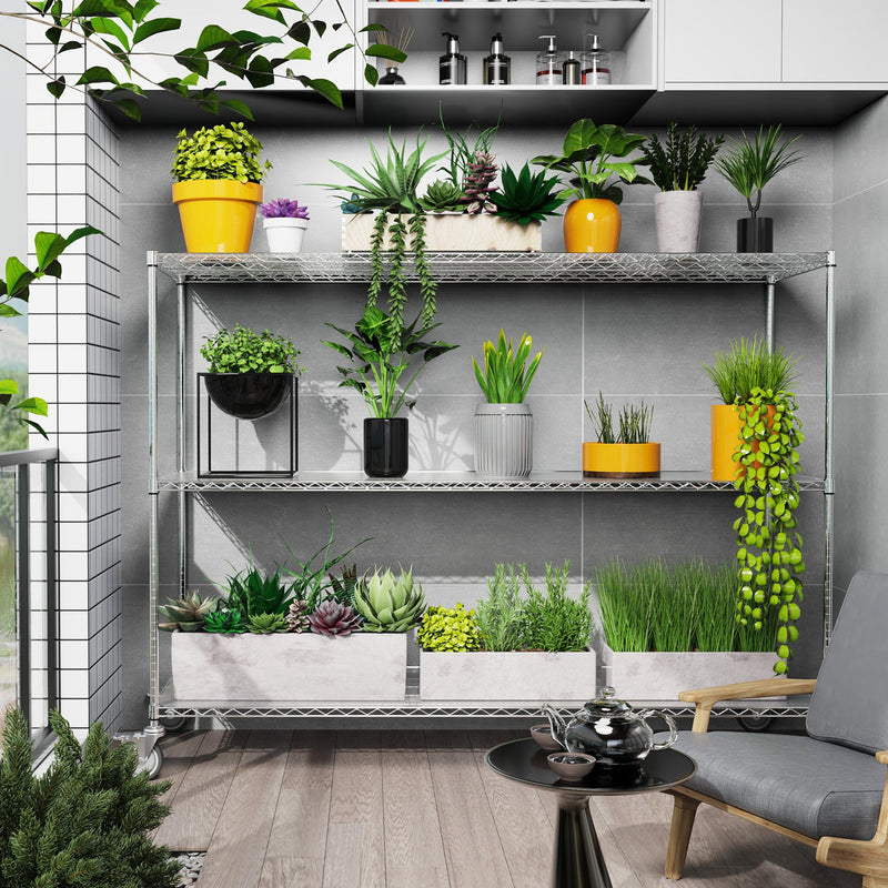 3 Tier Standing Shelf Units, 3000 LBS NSF Height Adjustable Metal Garage Storage Shelves with Wheels, Heavy Duty Storage Rack Metal Shelves - Black - 3T-2472-CHROME