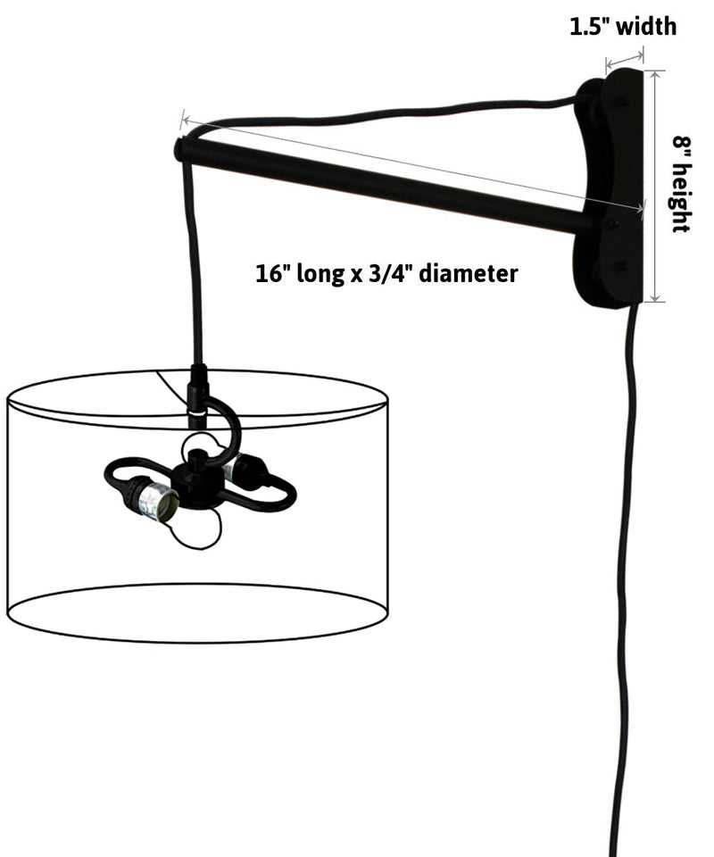 MAST Plug In Wall Mount Pendant, 2 Light Black Cord/Arm with Diffuser, Rounded Corner Square Oatmeal Drum Shade, 12"W