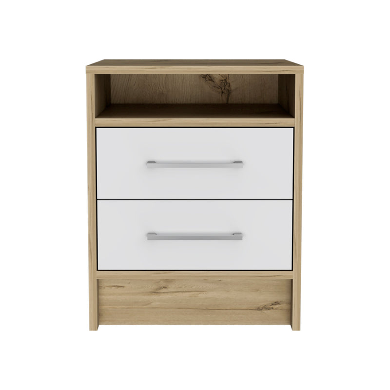 Nightstand Cartiz, Two Drawers, White / Light Oak Finish